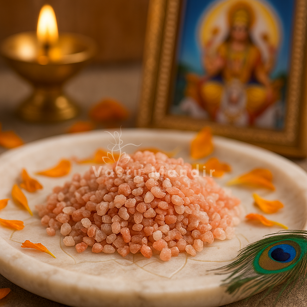 Angled view of peach-coloured raw sunstone chips in a traditional decorative setting