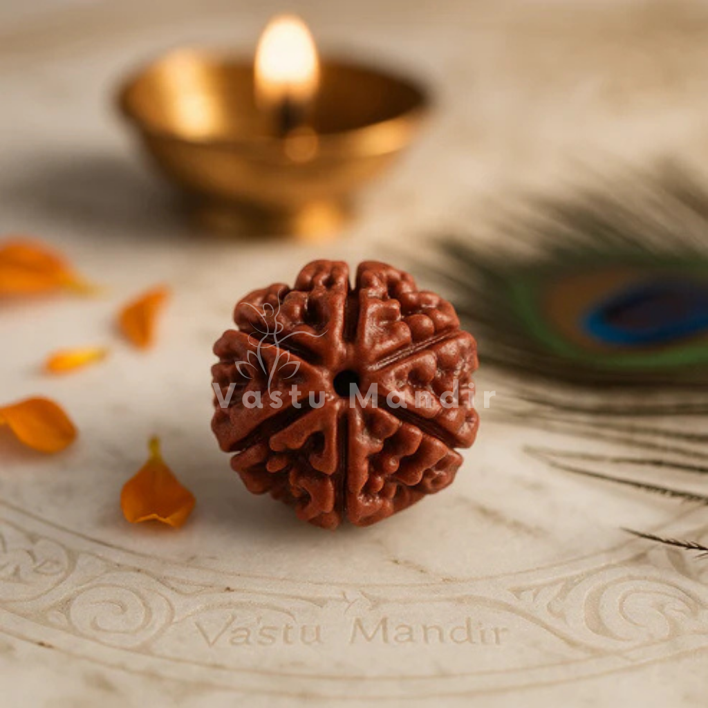6 mukhi Rudraksha shown in a second styled sacred view