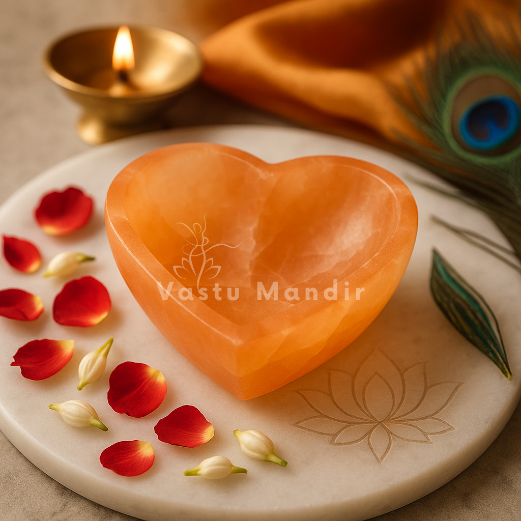 Orange heart selenite charging bowl shown held in a hand for scale