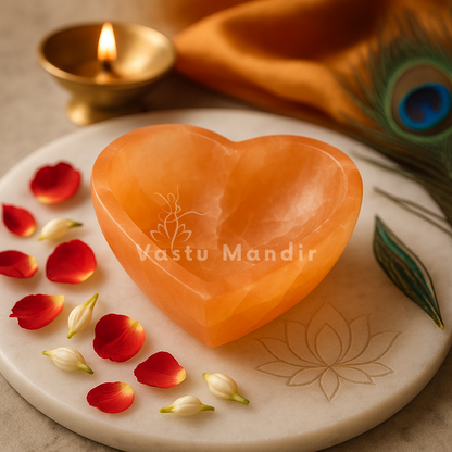 Orange heart selenite charging bowl shown held in a hand for scale