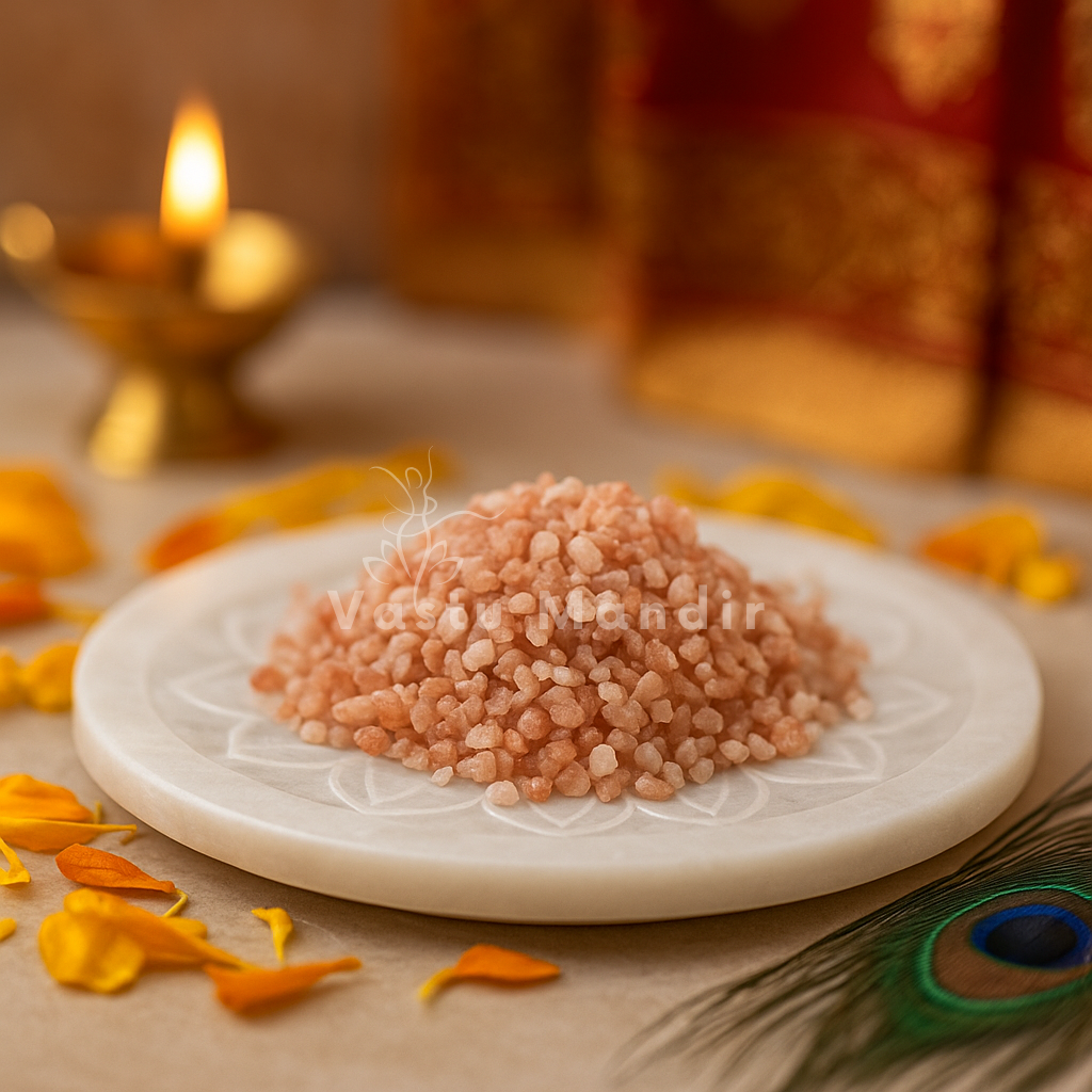 Close styled view of raw sunstone chips on a carved white plate with flower petals