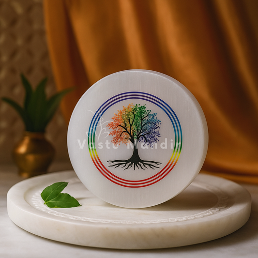 Kalpavriksha selenite plate displayed in a dark, softly lit spiritual setting