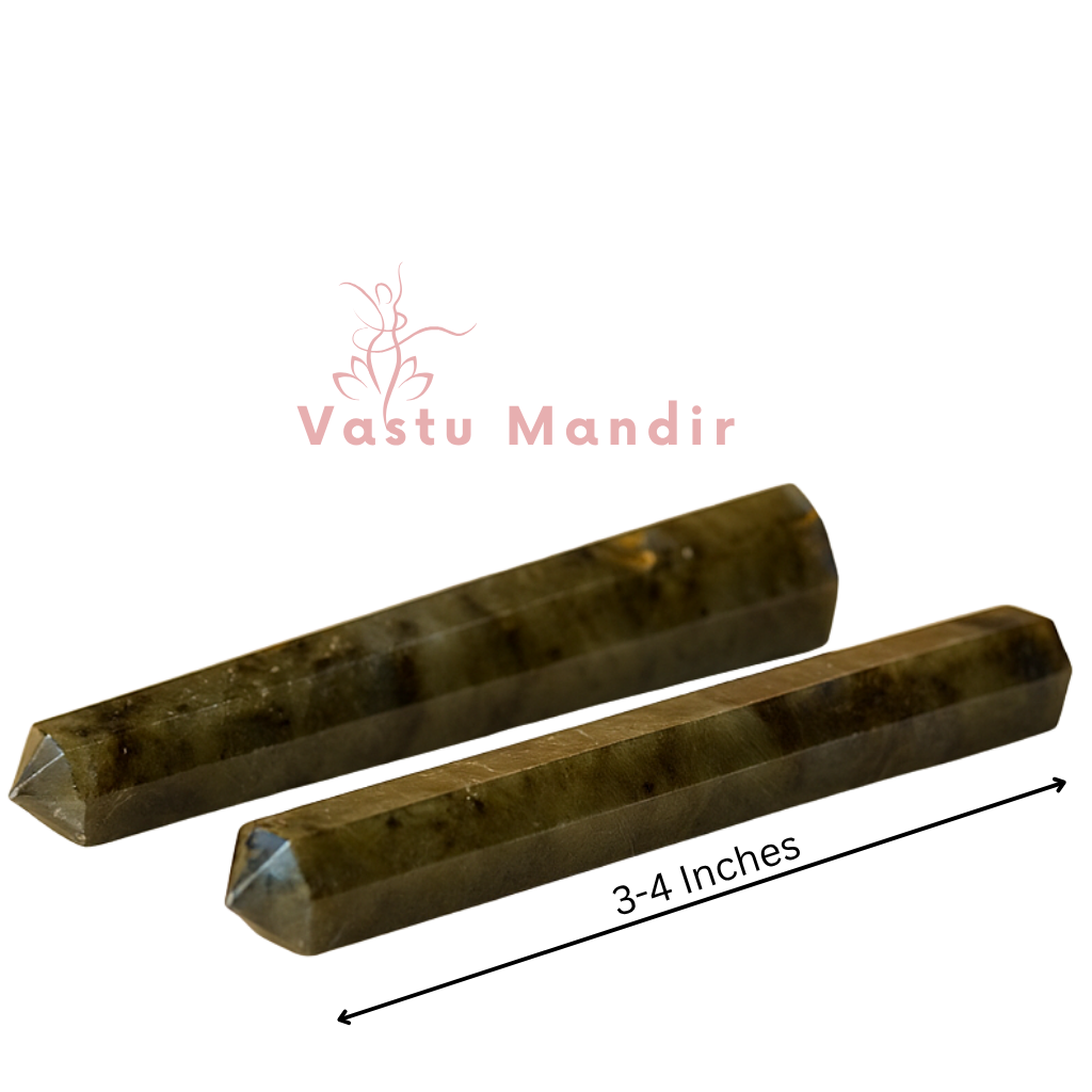 Labradorite crystal pencil showing its form against a plain white background