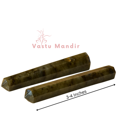 Labradorite crystal pencil showing its form against a plain white background