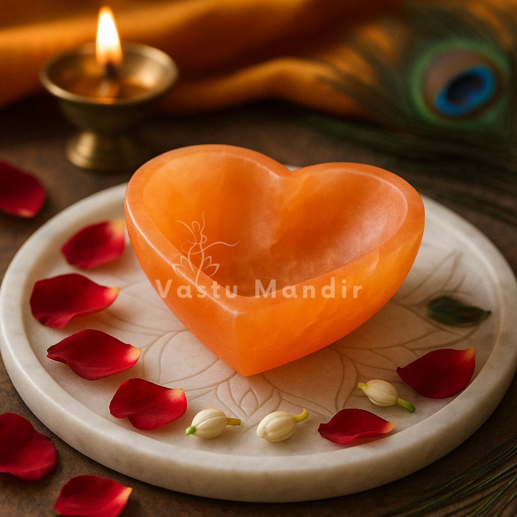 Orange heart selenite charging bowl displayed in a dark, softly lit spiritual setting