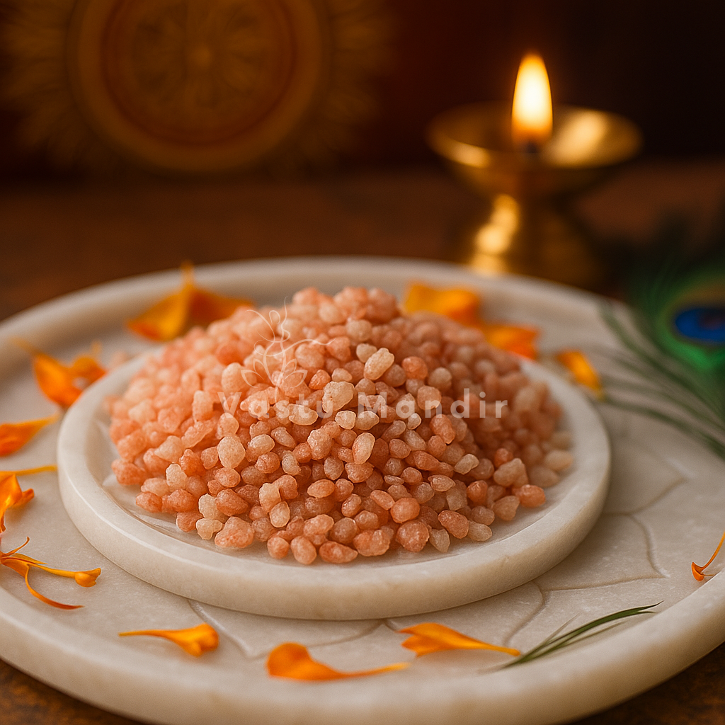 Raw sunstone chips piled on a white plate with marigold petals and peacock feather decor