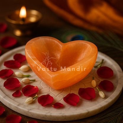 Orange heart selenite charging bowl arranged in a warm low-light product setting