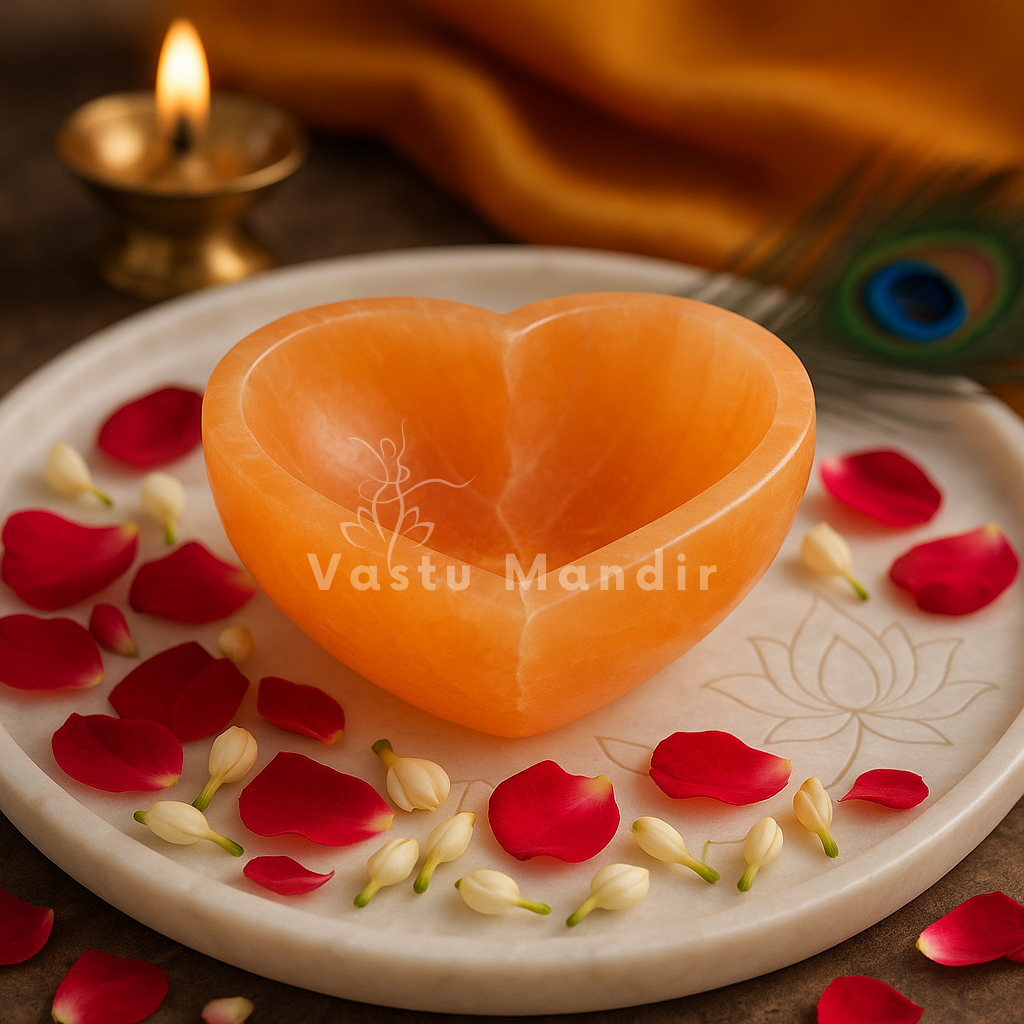 Orange heart selenite charging bowl presented in a second hand-held view