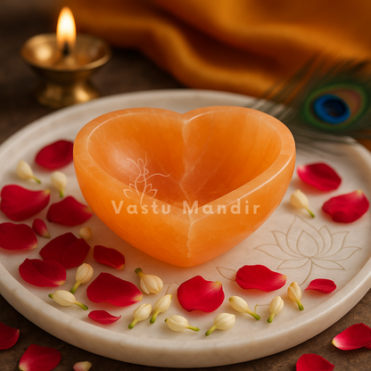 Orange heart selenite charging bowl presented in a second hand-held view
