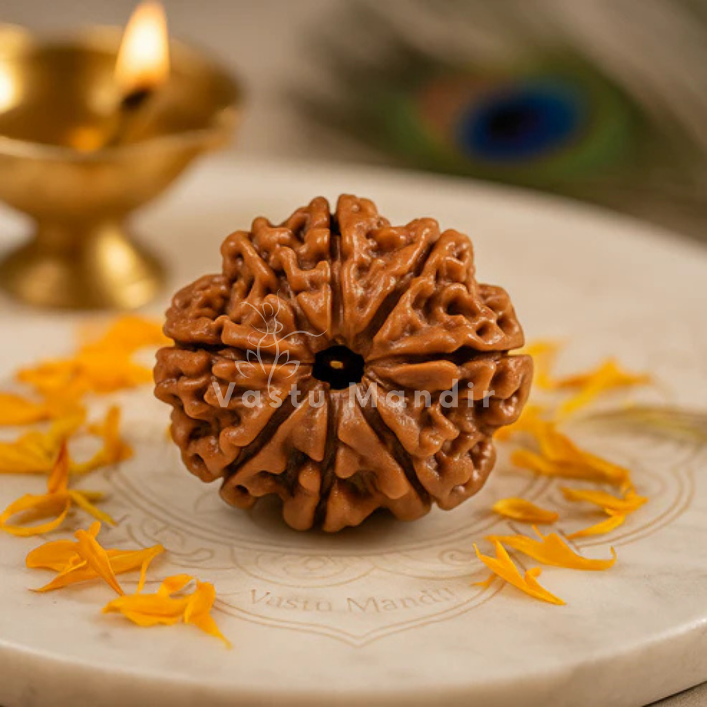 8 mukhi Rudraksha shown in a second styled sacred view