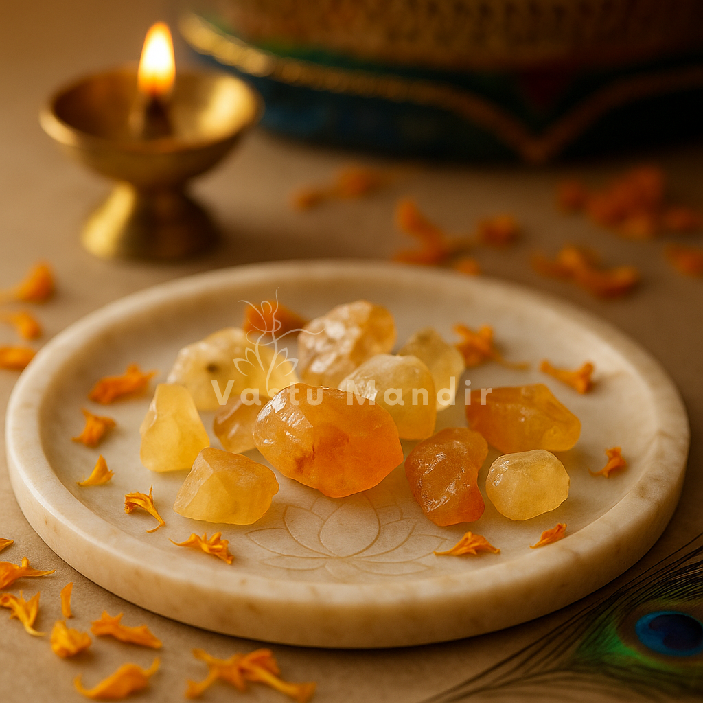 Angled view of raw citrine stones on a decorated white plate with traditional brass decor