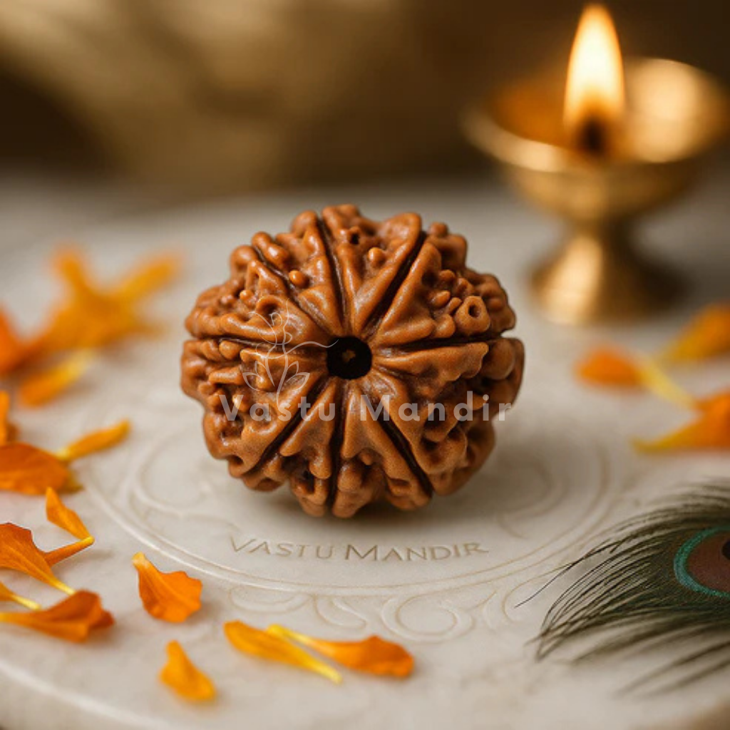 8 mukhi Rudraksha displayed in a softly lit sacred setting
