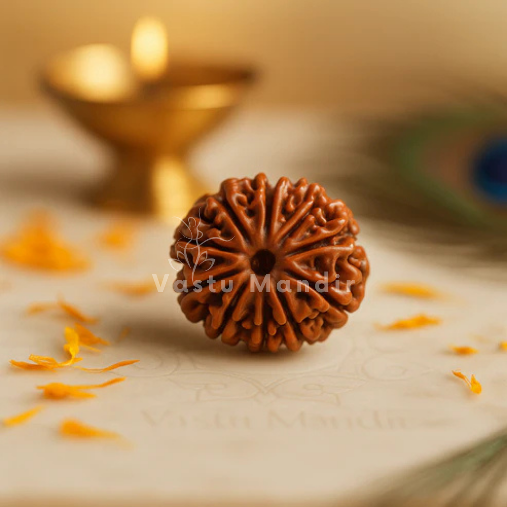 9 mukhi Rudraksha shown in a second styled sacred view