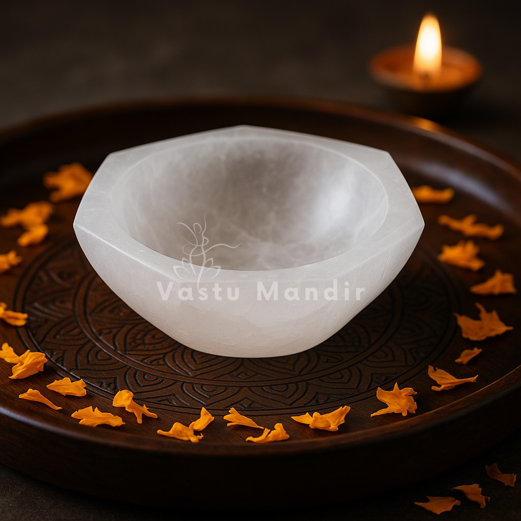 Hexagon selenite charging bowl displayed in a dark, softly lit spiritual setting