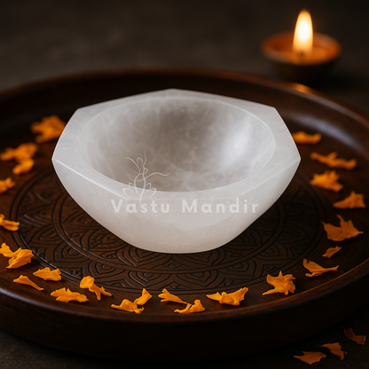 Hexagon selenite charging bowl displayed in a dark, softly lit spiritual setting