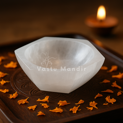 Hexagon selenite charging bowl arranged in a warm low-light product setting