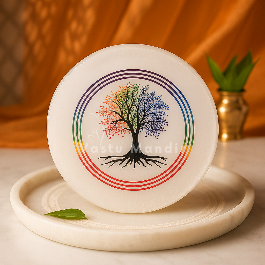 Kalpavriksha selenite plate displayed in a softly lit product setting