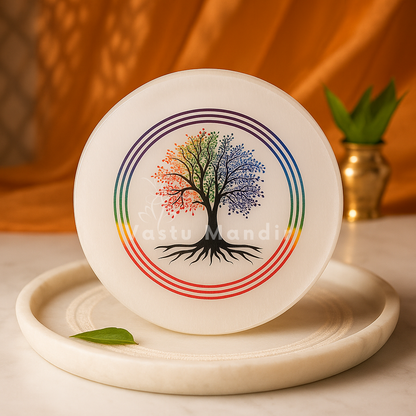 Kalpavriksha selenite plate displayed in a softly lit product setting