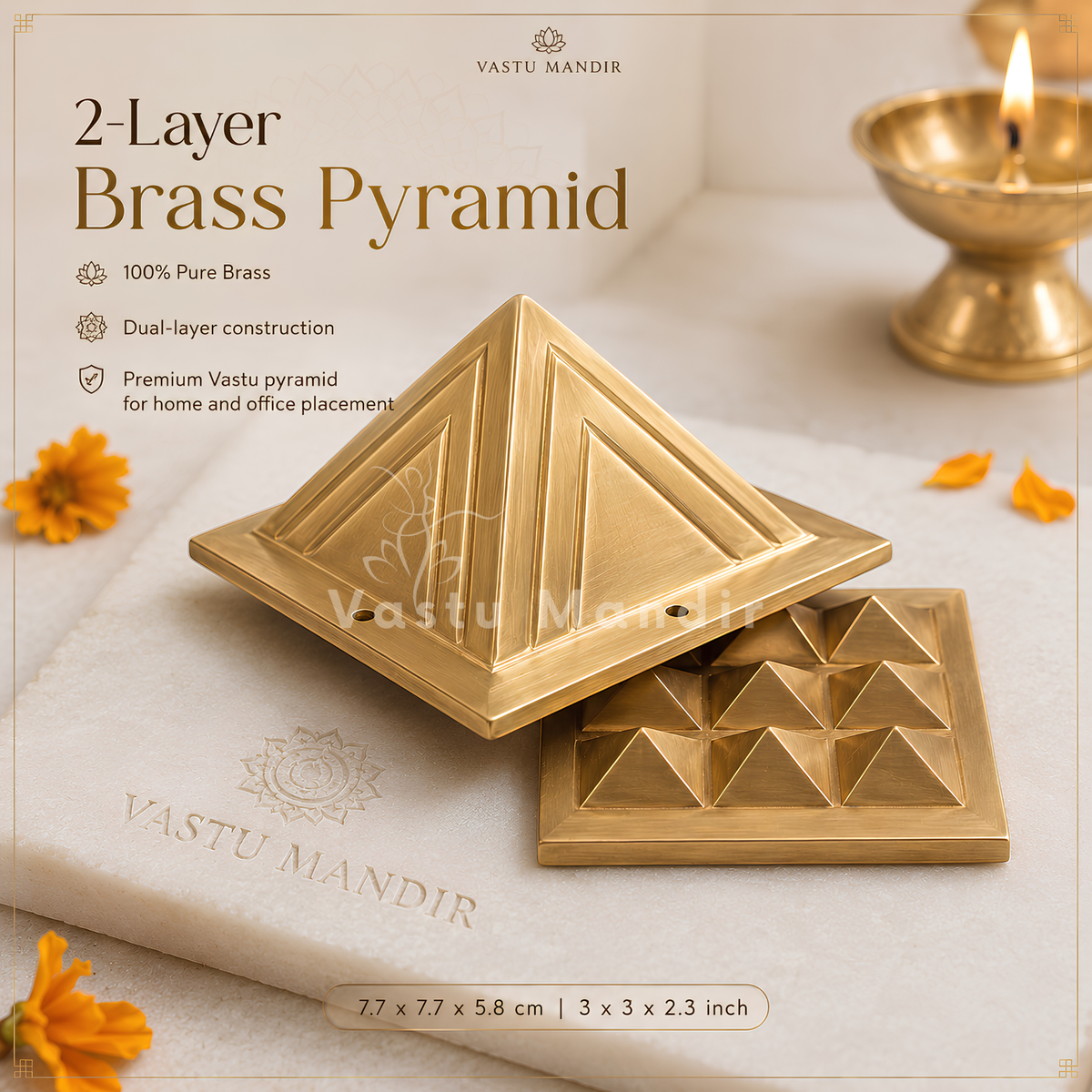 2-Layer Brass Vastu Pyramid – Vastu Remedy for North-West Prosperity  | Ideal for Entrance, Kitchen | 7.7 cm | 350 g