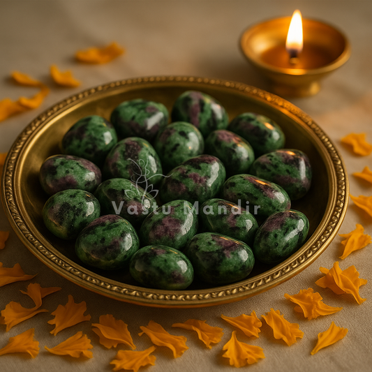 Ruby zoisite tumbled stones displayed in a dark, softly lit spiritual setting