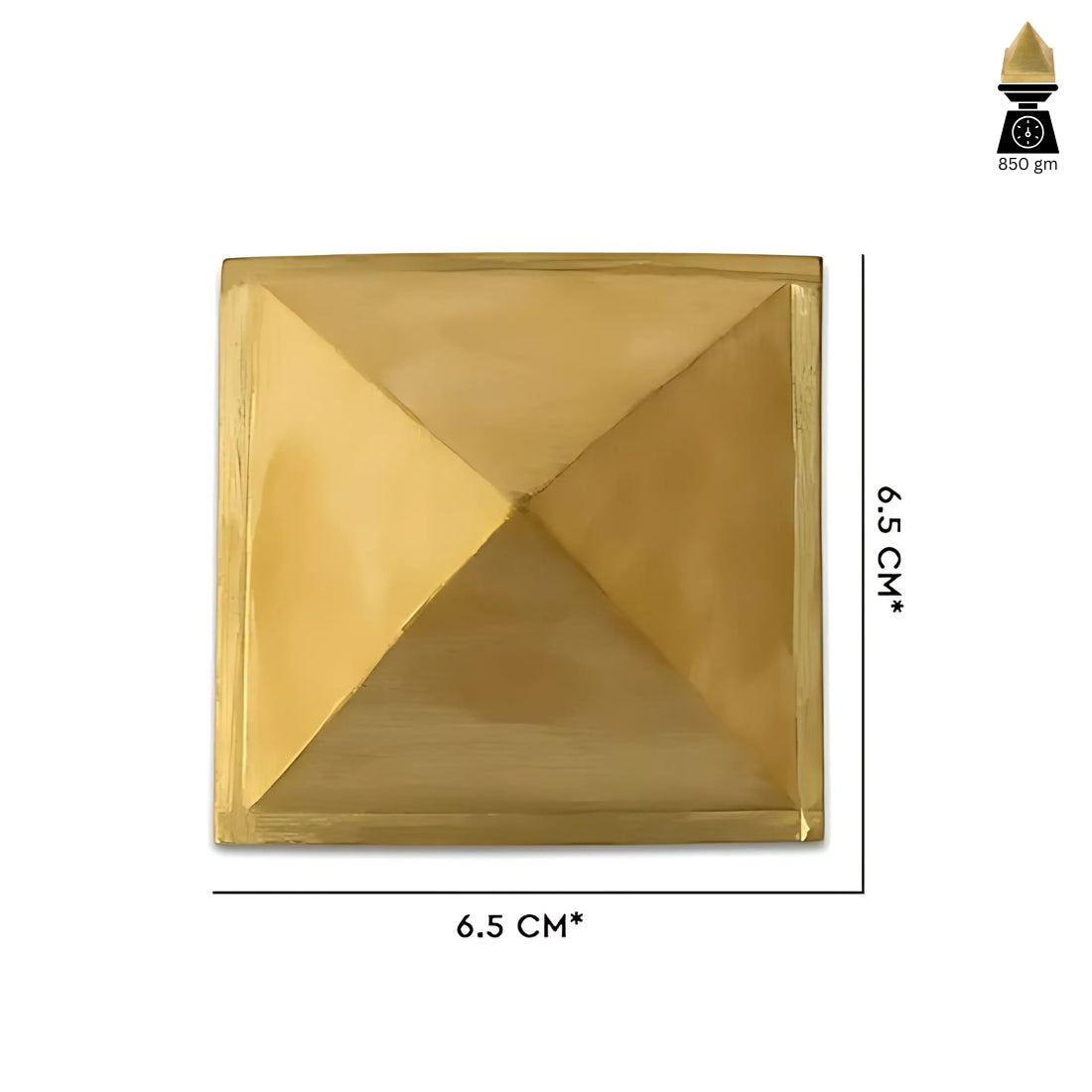 Top measurement diagram of solid brass pyramid showing a 6.5 cm square base