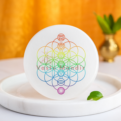 7 chakra flower of life selenite charger displayed in a softly lit product setting