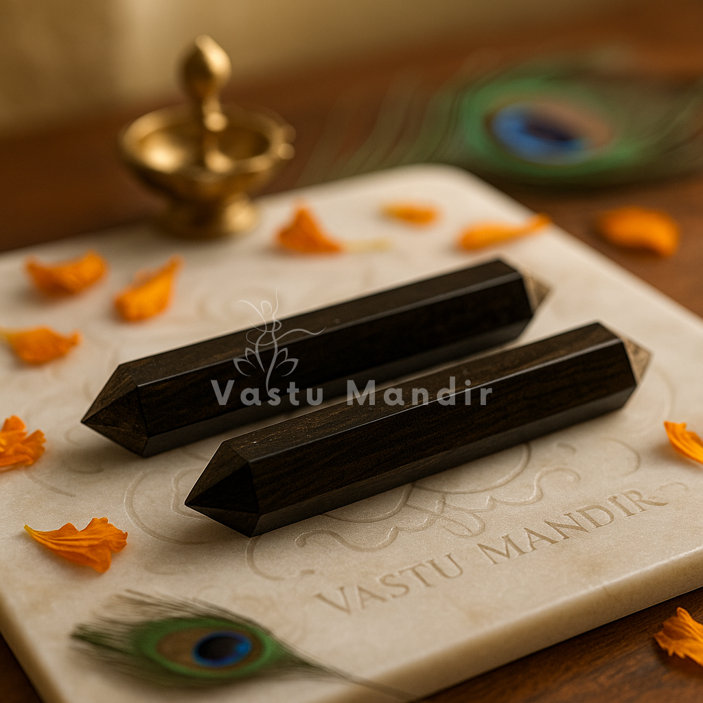Black tourmaline Vastu pencil displayed in a dark, softly lit spiritual setting