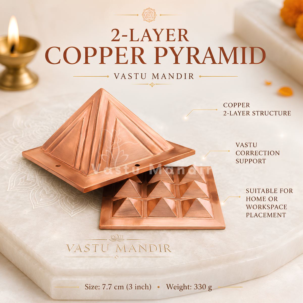 Two-layer copper pyramid by Vastu Mandir decorative pieces displayed on a marble slab with text callouts and a lit candle in the background.