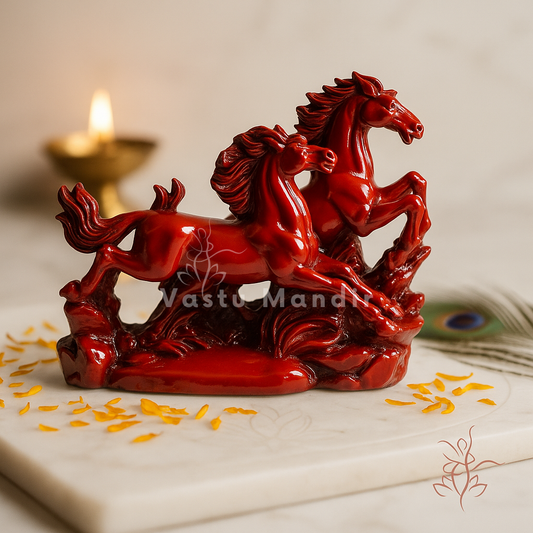 Pair of red running horses resin sculpture displayed with sacred accents