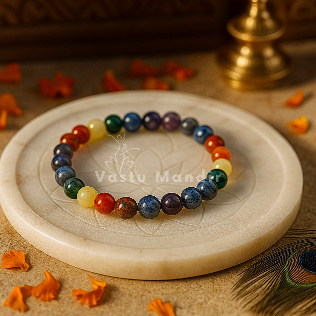 7 chakra crystal bracelet shown with a hand in a lifestyle photograph