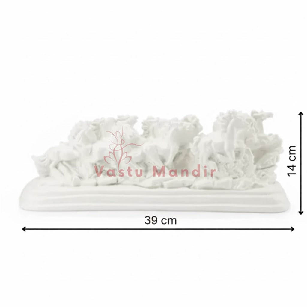 White running horses resin sculpture size graphic showing 39 cm width and 14 cm height