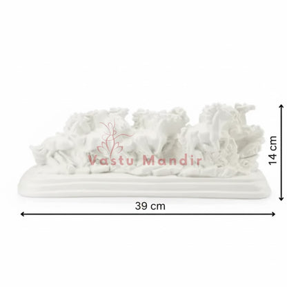 White running horses resin sculpture size graphic showing 39 cm width and 14 cm height