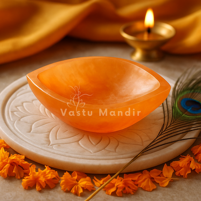 Orange divyya selenite charging bowl presented in a second hand-held view