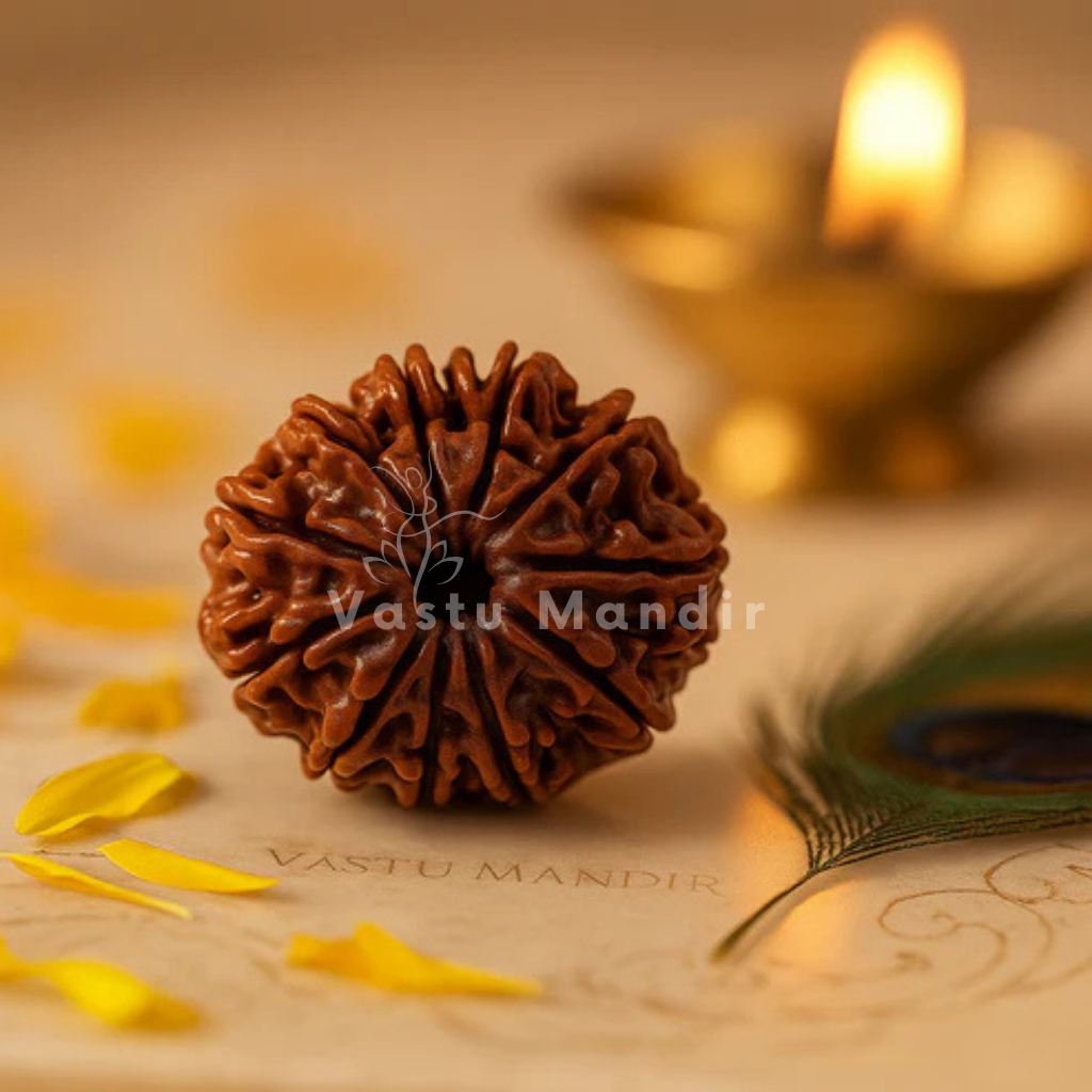 11 mukhi Rudraksha displayed in a softly lit sacred setting