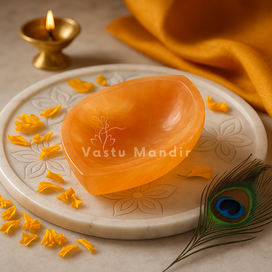 Orange divyya selenite charging bowl shown held in a hand for scale