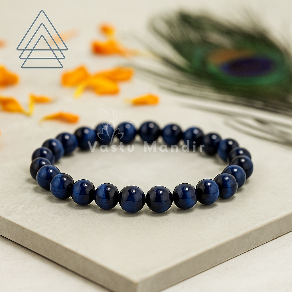 Natural blue tiger eye crystal bracelet displayed in a softly lit product setting