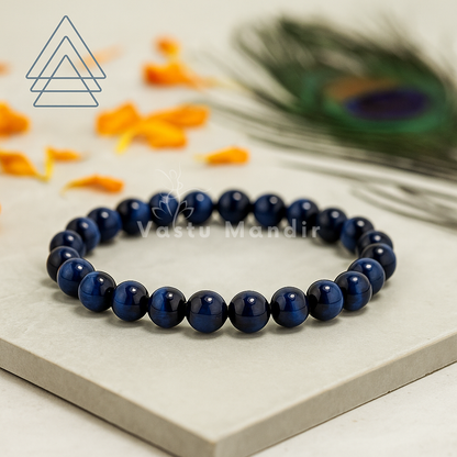 Natural blue tiger eye crystal bracelet displayed in a softly lit product setting