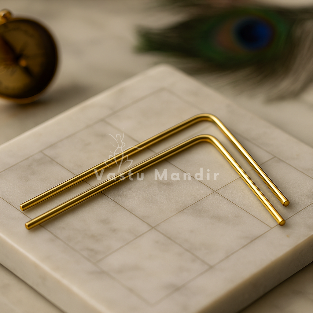 Brass L-shaped dowsing rods displayed in a sacred marble setting
