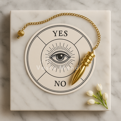 Brass four-plated dowsing pendulum resting on a black yes-no divination board