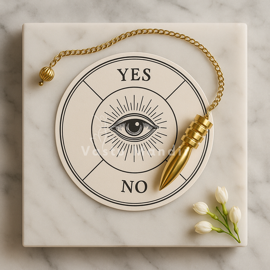 Brass four-plated dowsing pendulum resting on a black yes-no divination board