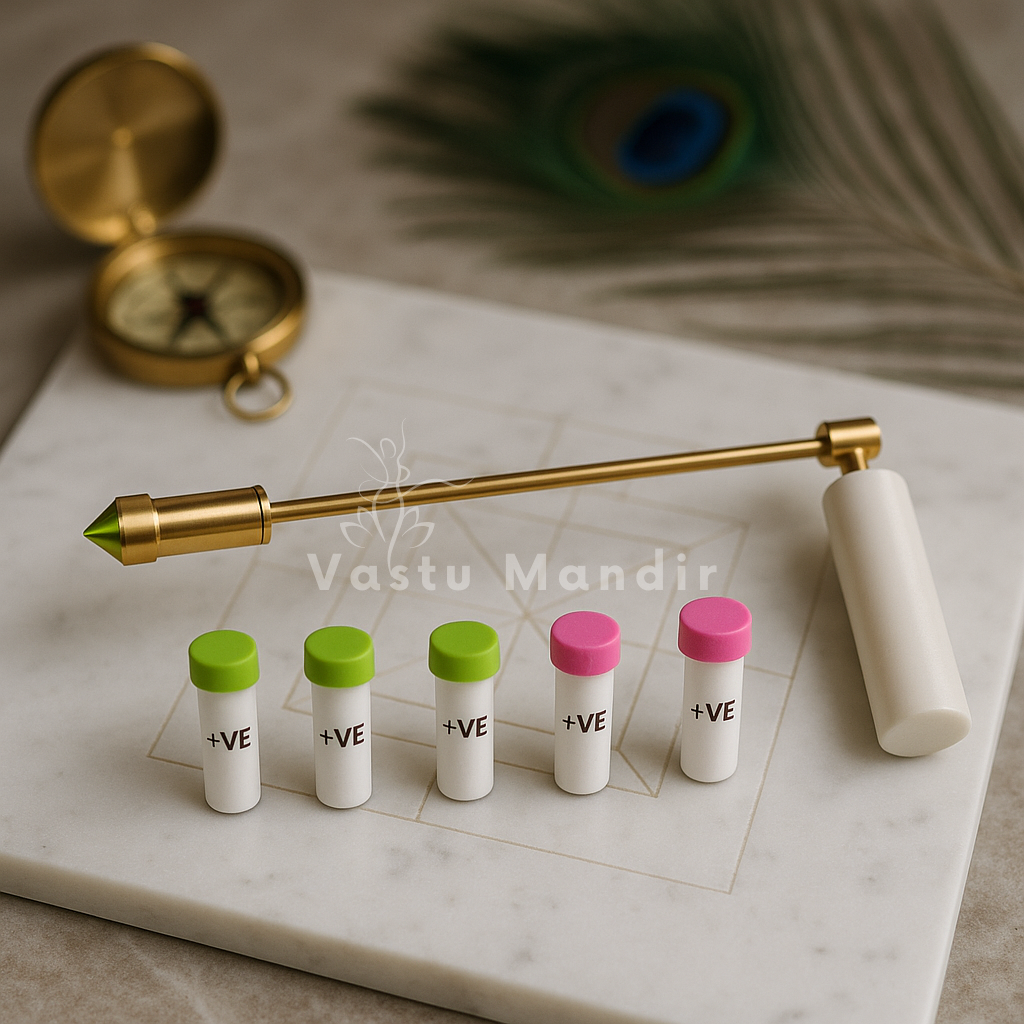 Brass PVC-handled dowsing rod pair displayed beside coloured sample vials