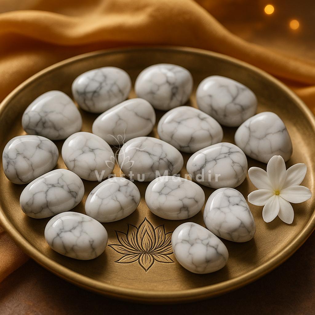 Natural howlite tumbled stones arranged in a warm low-light product setting