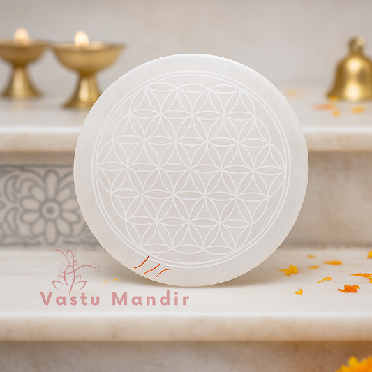 Mandala selenite plate shown held in a hand for scale