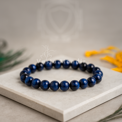 Natural blue tiger eye crystal bracelet shown in a second hand-held product view