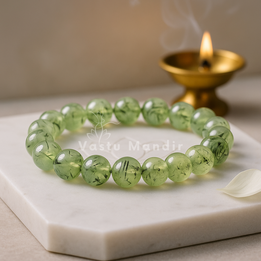 Natural prehnite crystal bracelet shown in a second hand-held product view