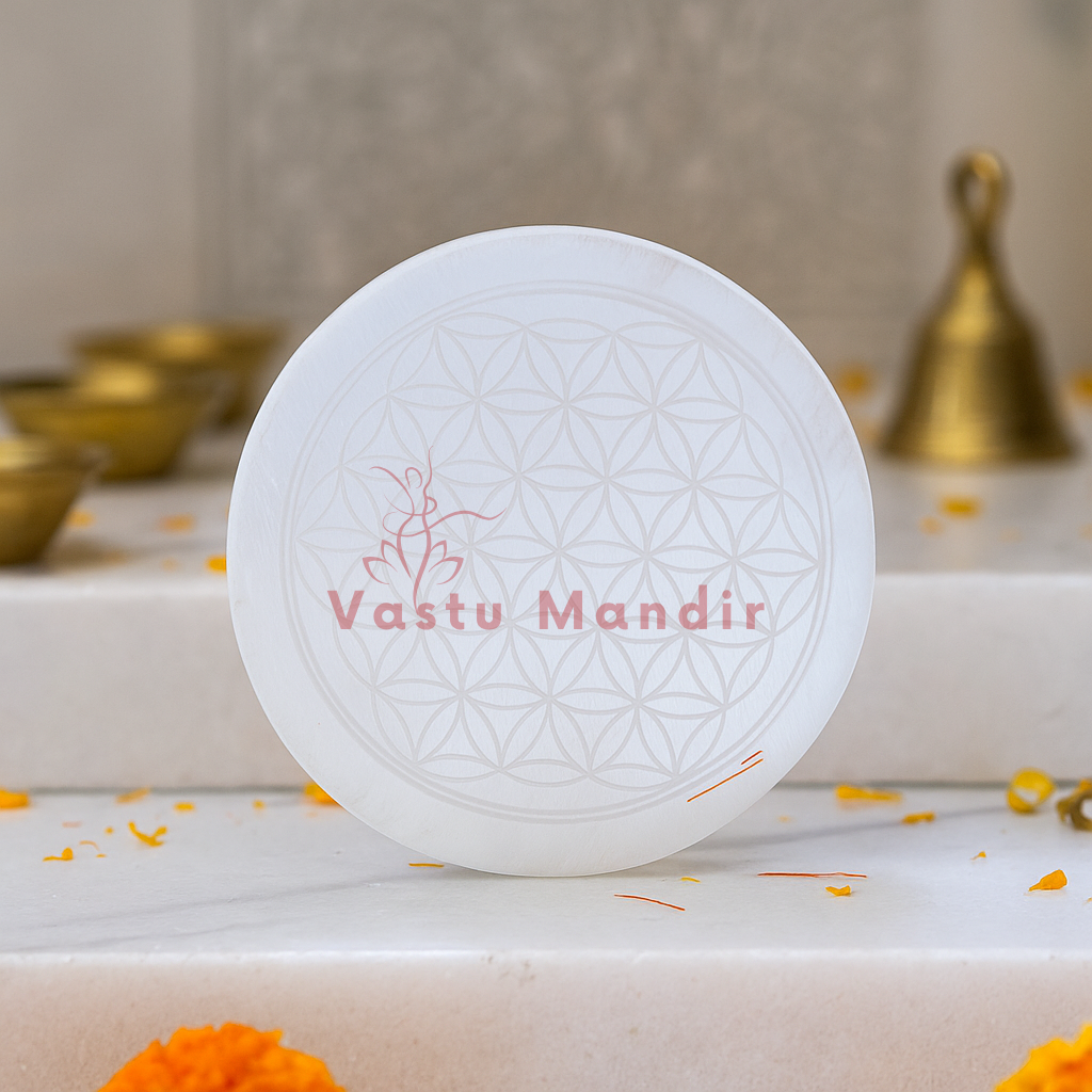 Mandala selenite plate presented in a second hand-held view