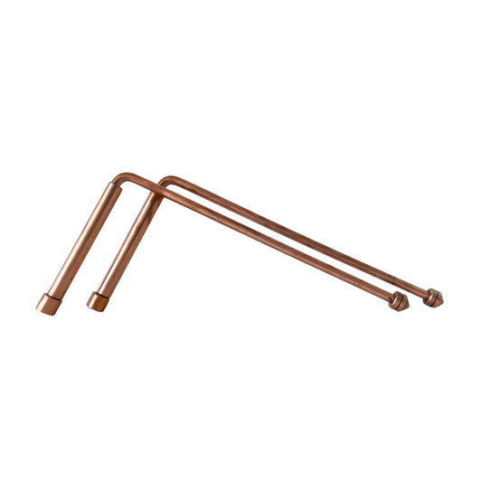 Copper dowsing rod pair with solid metal handles on a white background