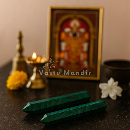 Two malachite crystal pencils displayed before a framed deity image and brass decor