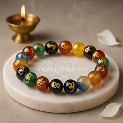 Om mani padme crystal bracelet shown in a second hand-held product view