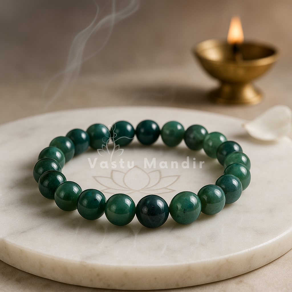 Natural moss agate crystal bracelet presented with a hand for visual scale